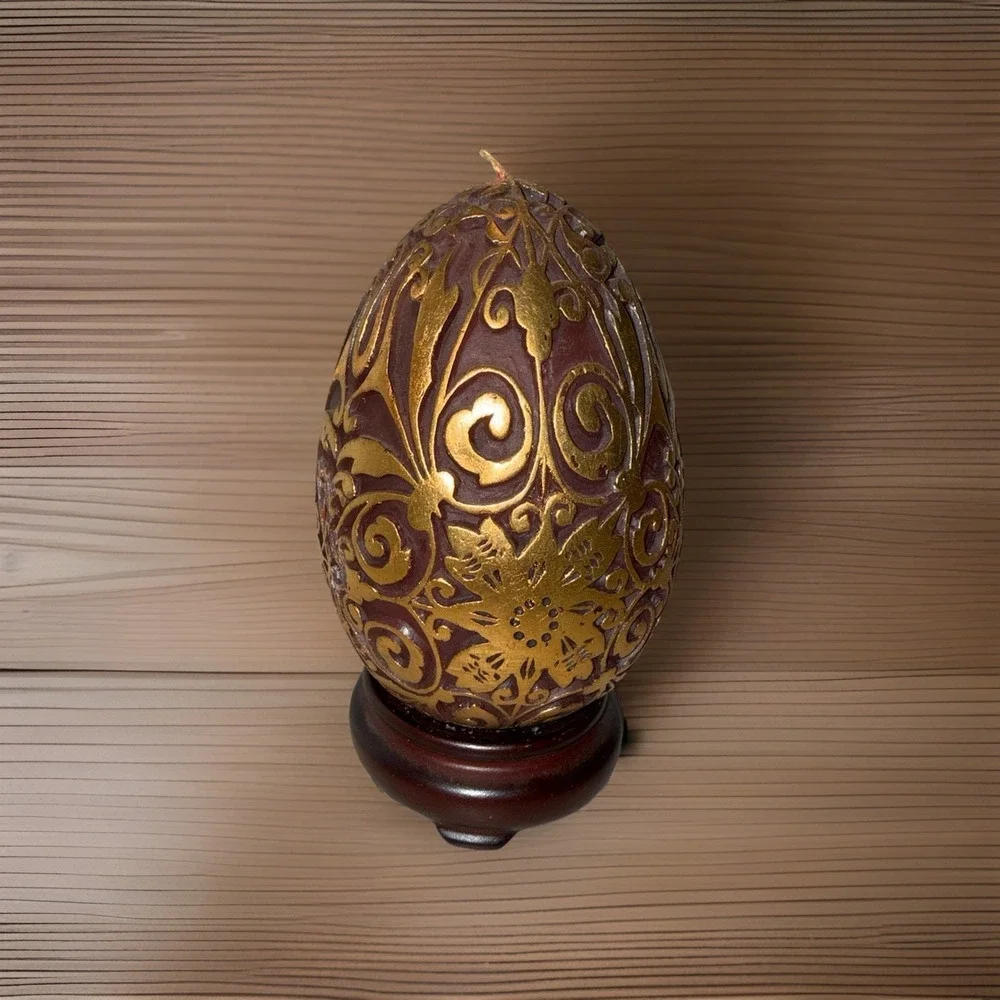 Large‎ Burgundy and Gold Easter Egg Candle with Stand Never Been Lit